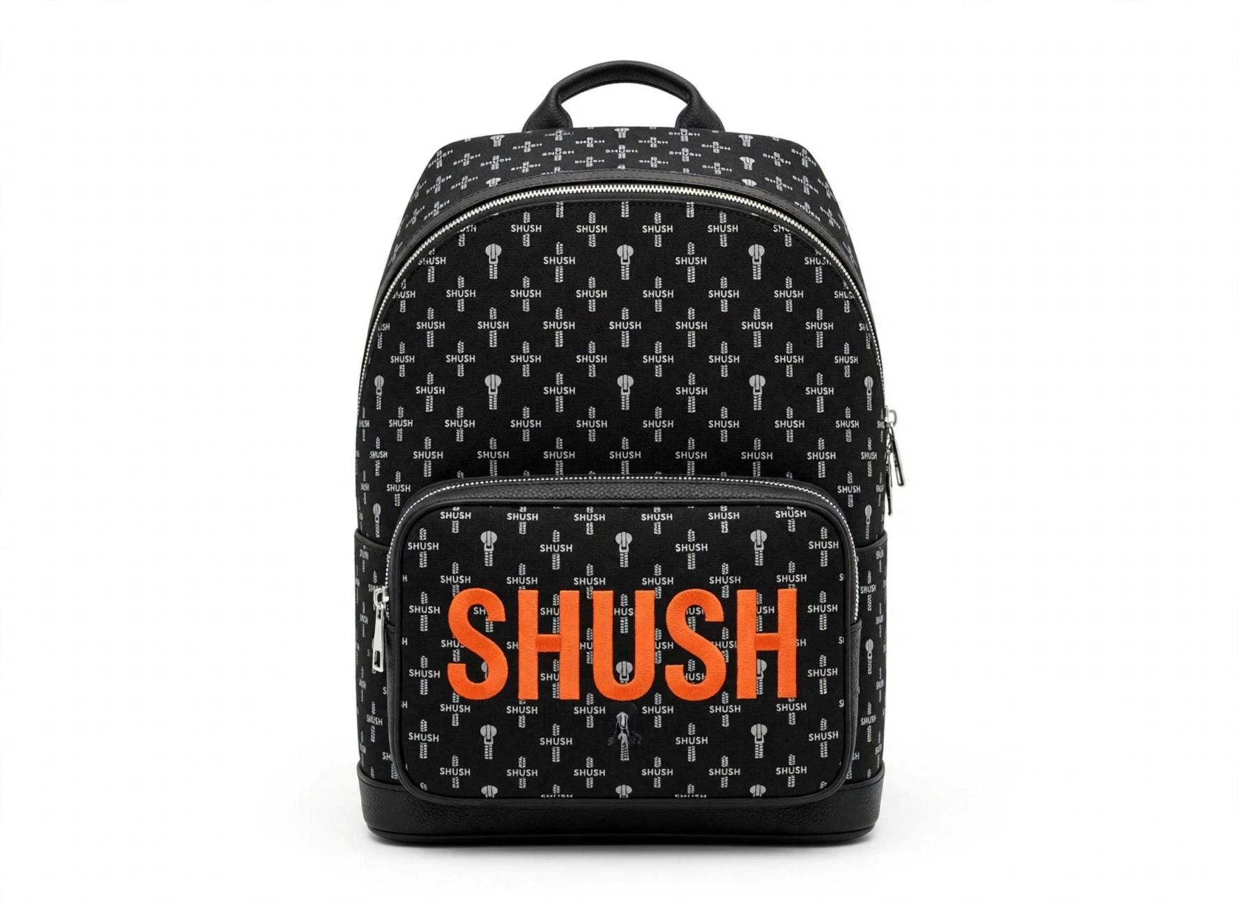 Black canvas SHUSH backpack covered in the all-over SHUSH monogram with one oversized orange SHUSH signature on the front pocket