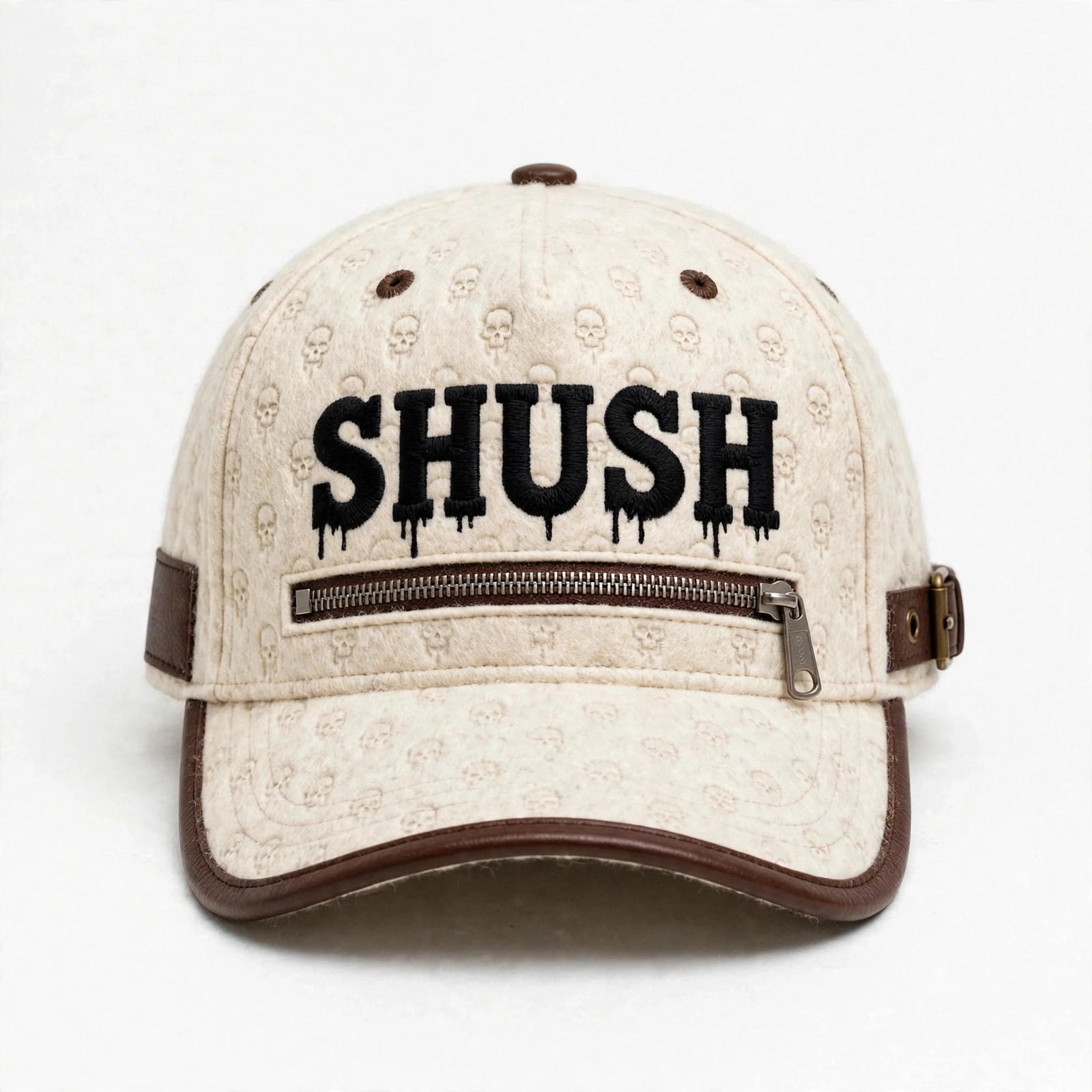 Cream felted wool SHUSH cap with the full word SHUSH embroidered in black across the crown and a real metal zipper underneath