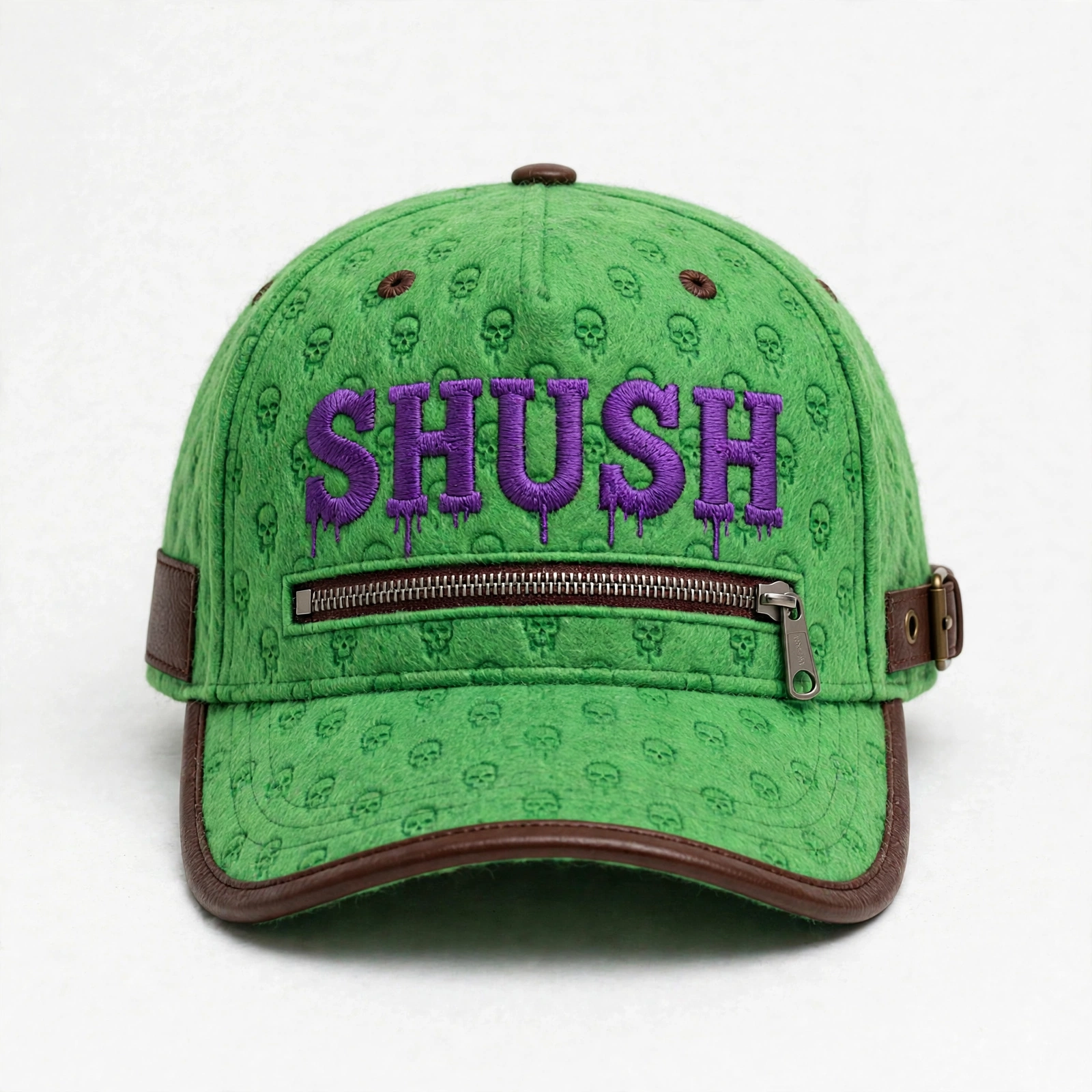 SHUSH wool cap in green with embossed skulls — SHUSH embroidered in purple dripping letters over a real zipper, brown leather brim trim