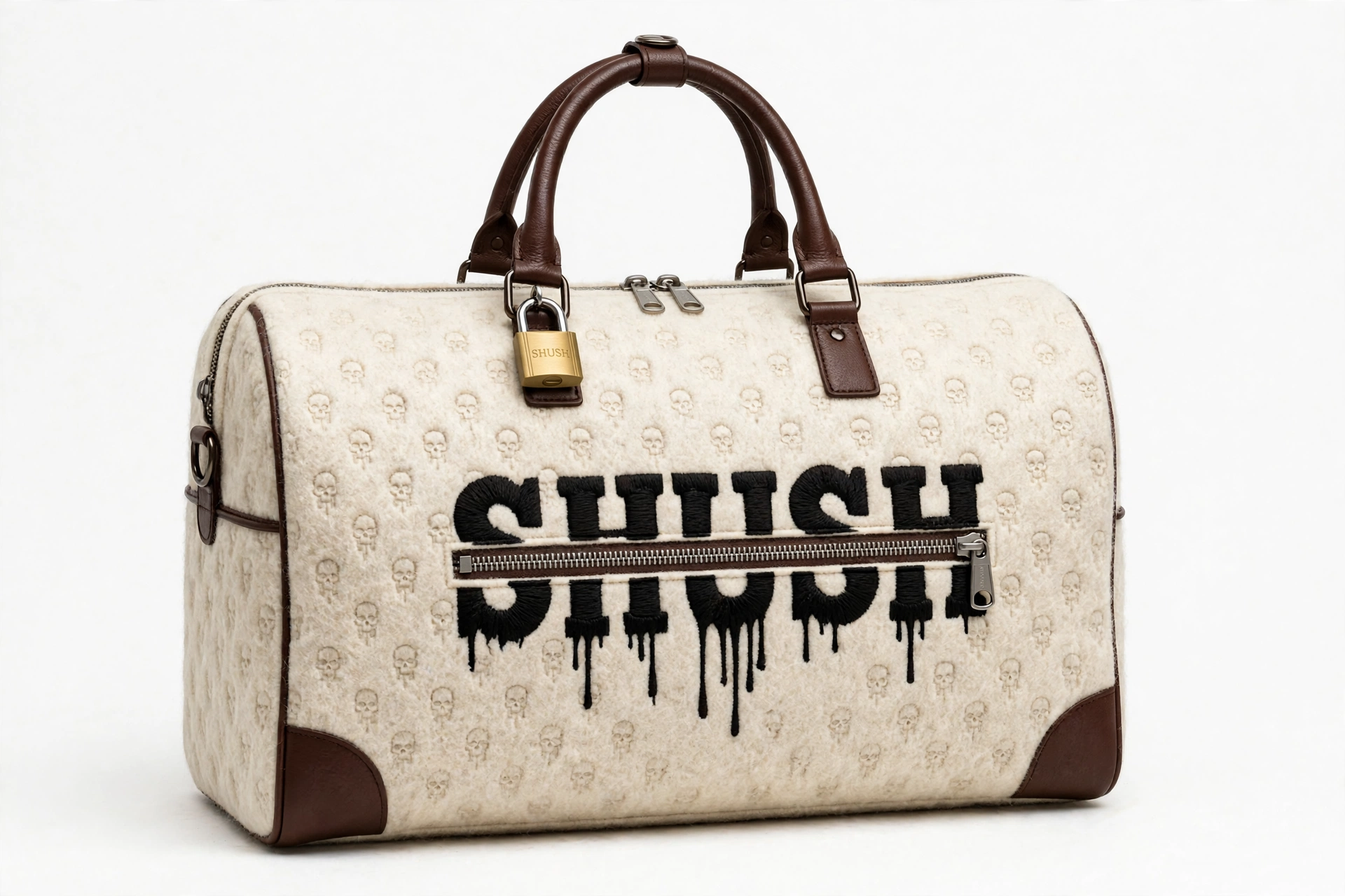 Cream wool SHUSH duffle bag with the name embroidered in black thread, a real metal zipper through the word and a brass SHUSH lock on the bag
