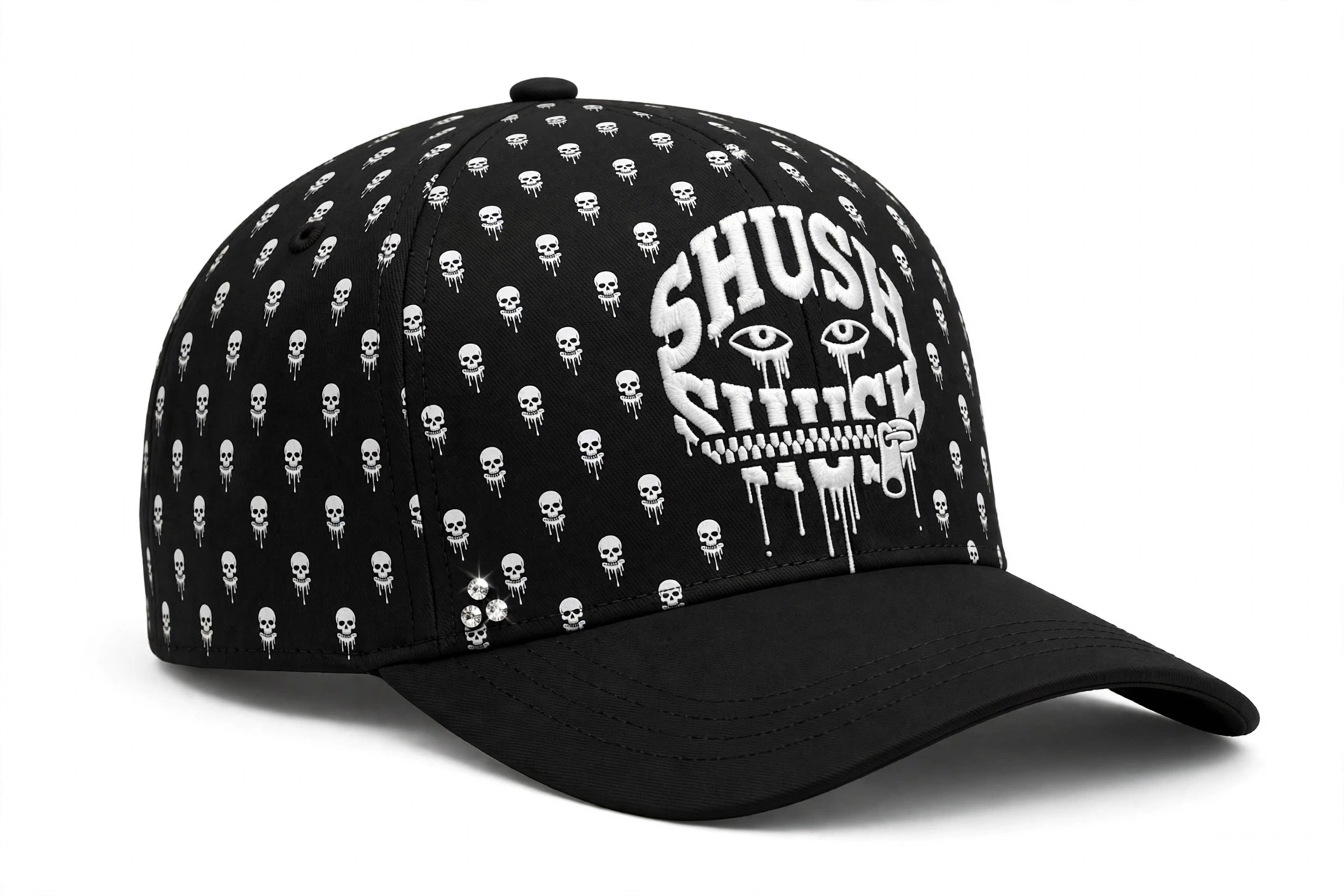 Black SHUSH fitted hat with an all-over engraved skull pattern, white SHUSH centerpiece and three subtle gems on the side