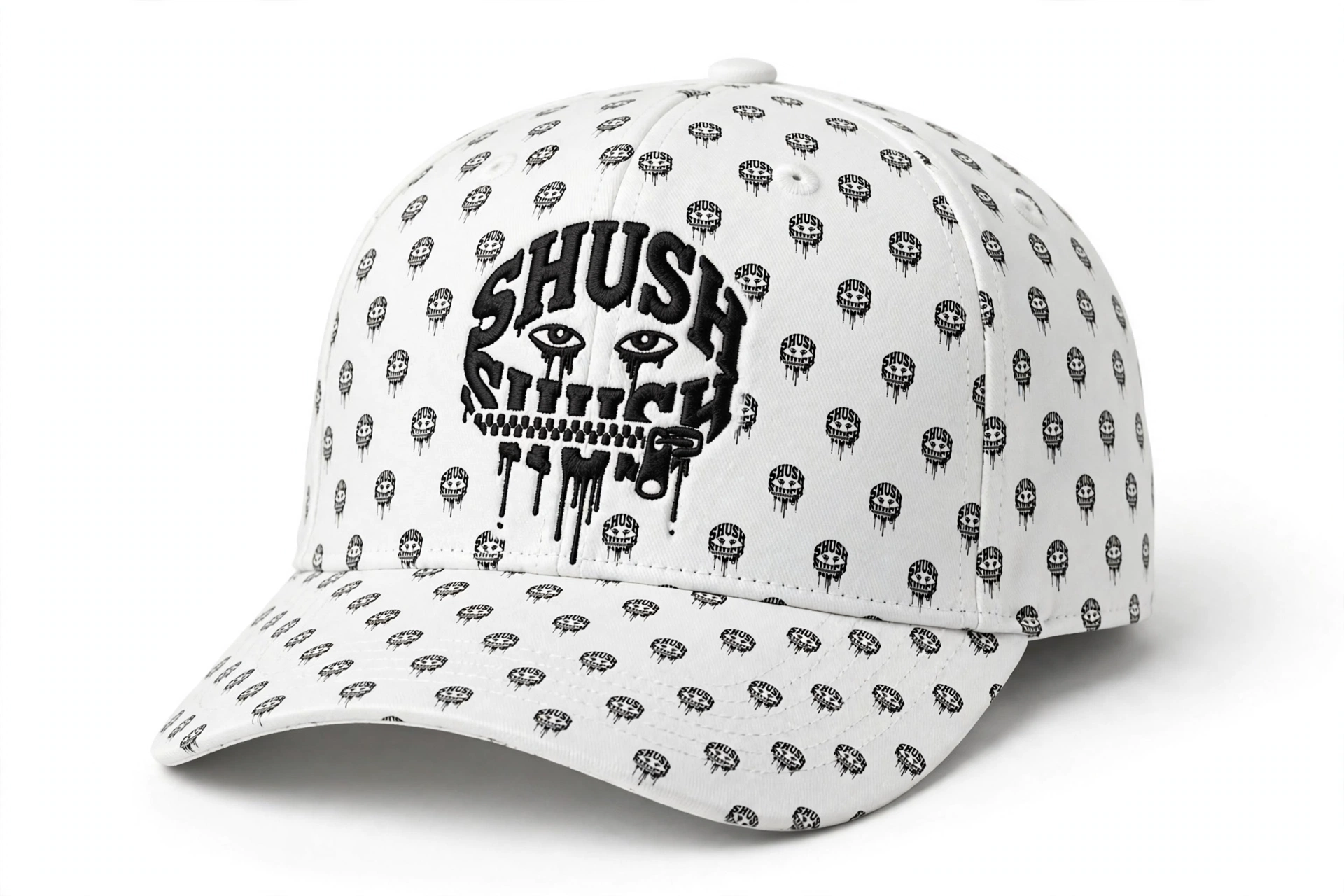 White SHUSH fitted hat with an all-over engraved black skull pattern and black SHUSH centerpiece
