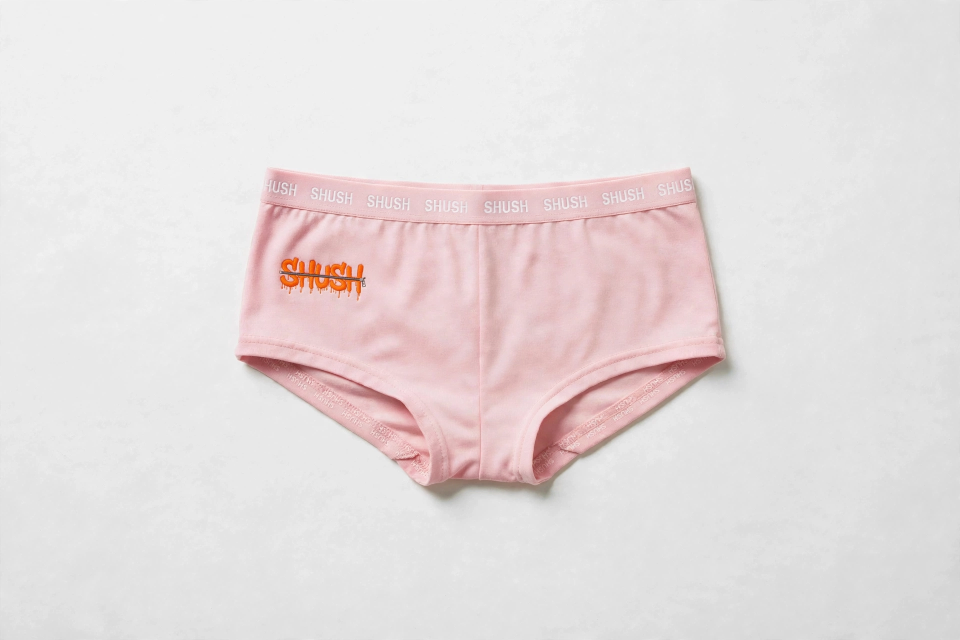 SHUSH women's hipster in Pink — SHUSH waistband, zipped-word mark on the hip