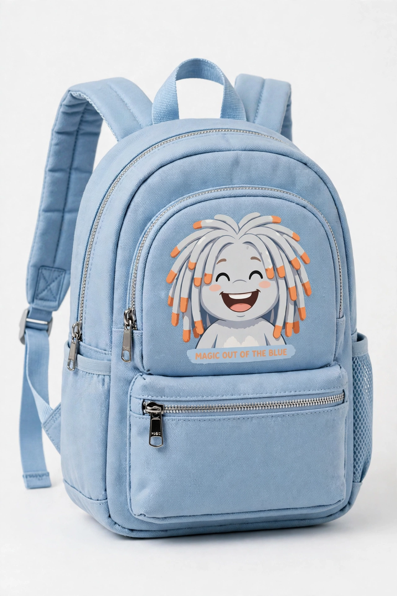 SHUSH kids mini backpack in Light Gray — the laughing light-gray friend on the front pocket over a tiny Magic Out of the Blue banner