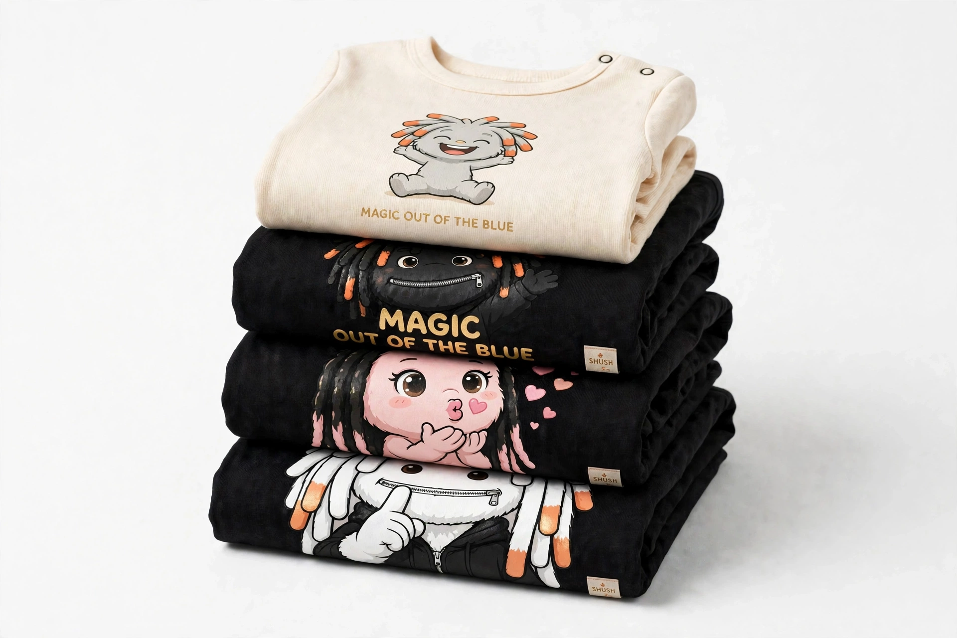 SHUSH family matching set in Black, folded in a stack — dad tee, mom tee, kids tee and the cream baby onesie, each with its friend and Magic Out of the Blue in gold