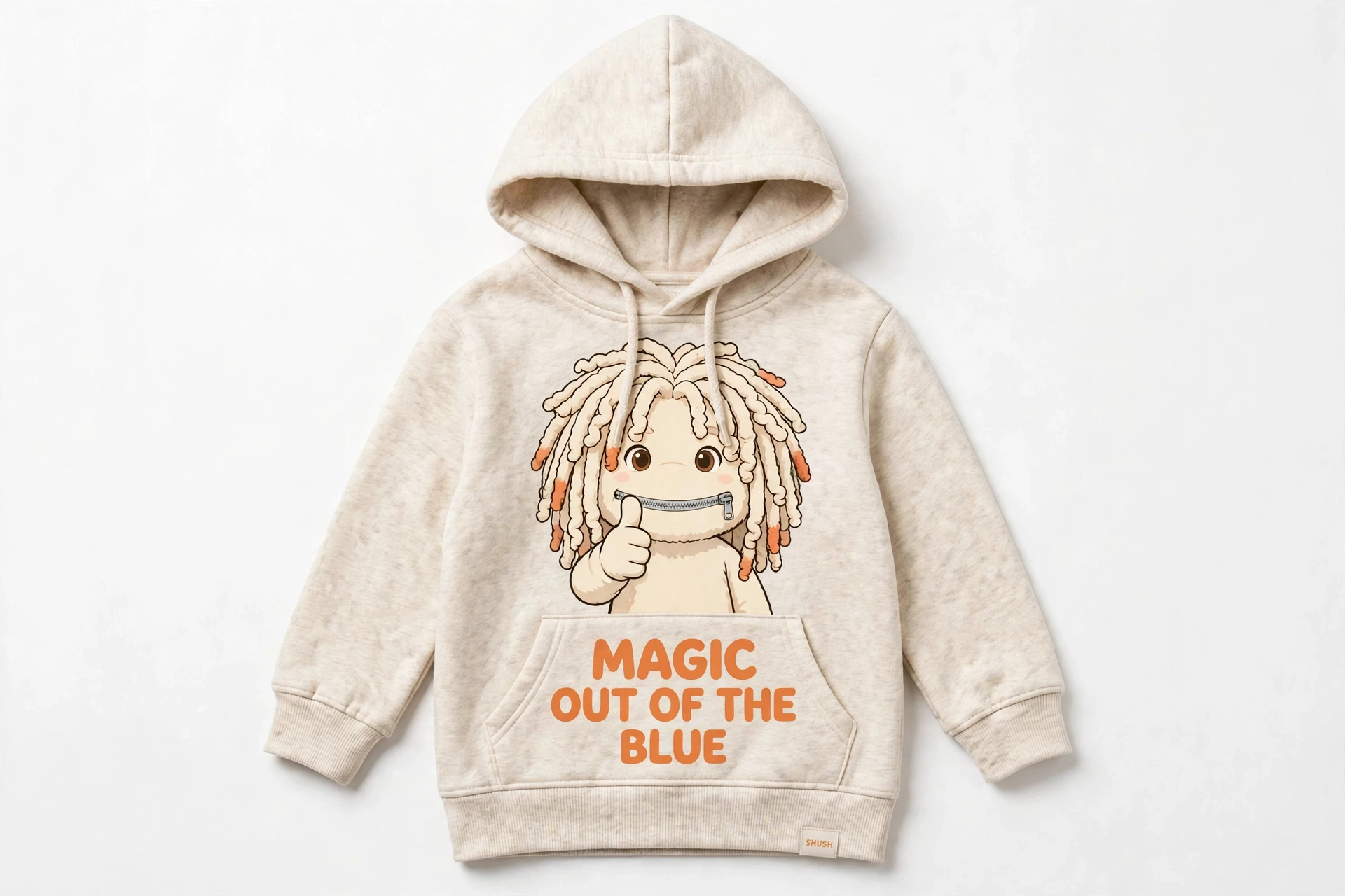 SHUSH kids pullover hoodie in Cream — the laughing friend big on the chest, Magic Out of the Blue in gold, a tiny SHUSH label at the hem