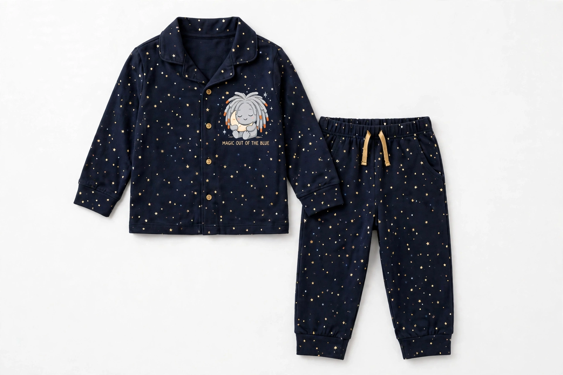 SHUSH kids pajamas in Midnight Navy — the sleepy light-gray friend hugging a crescent moon under gold stars, Magic Out of the Blue in gold