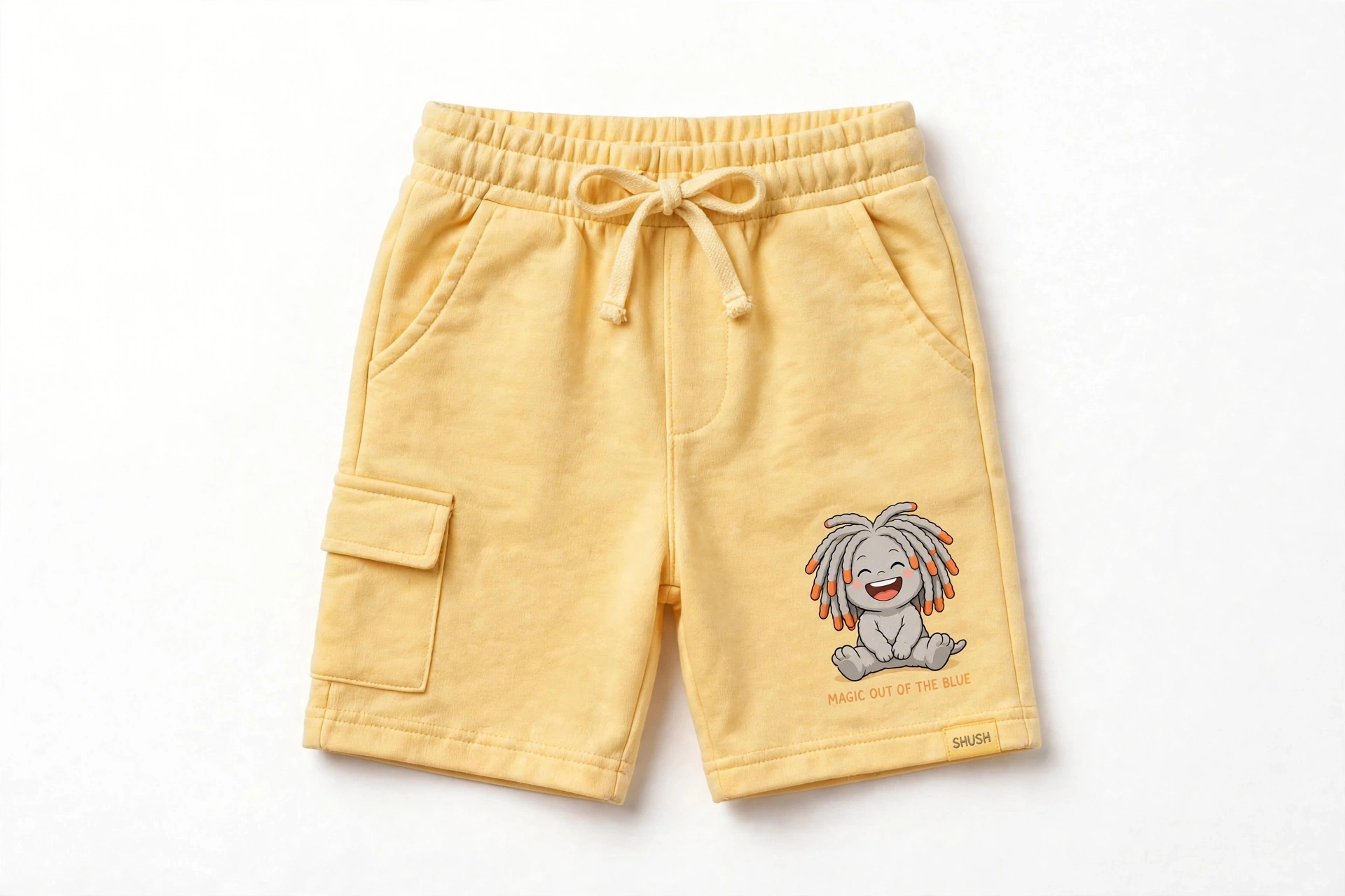 SHUSH kids shorts in Butter Yellow — the laughing light-gray friend printed big on the leg, Magic Out of the Blue underneath, a tiny SHUSH label at the hem