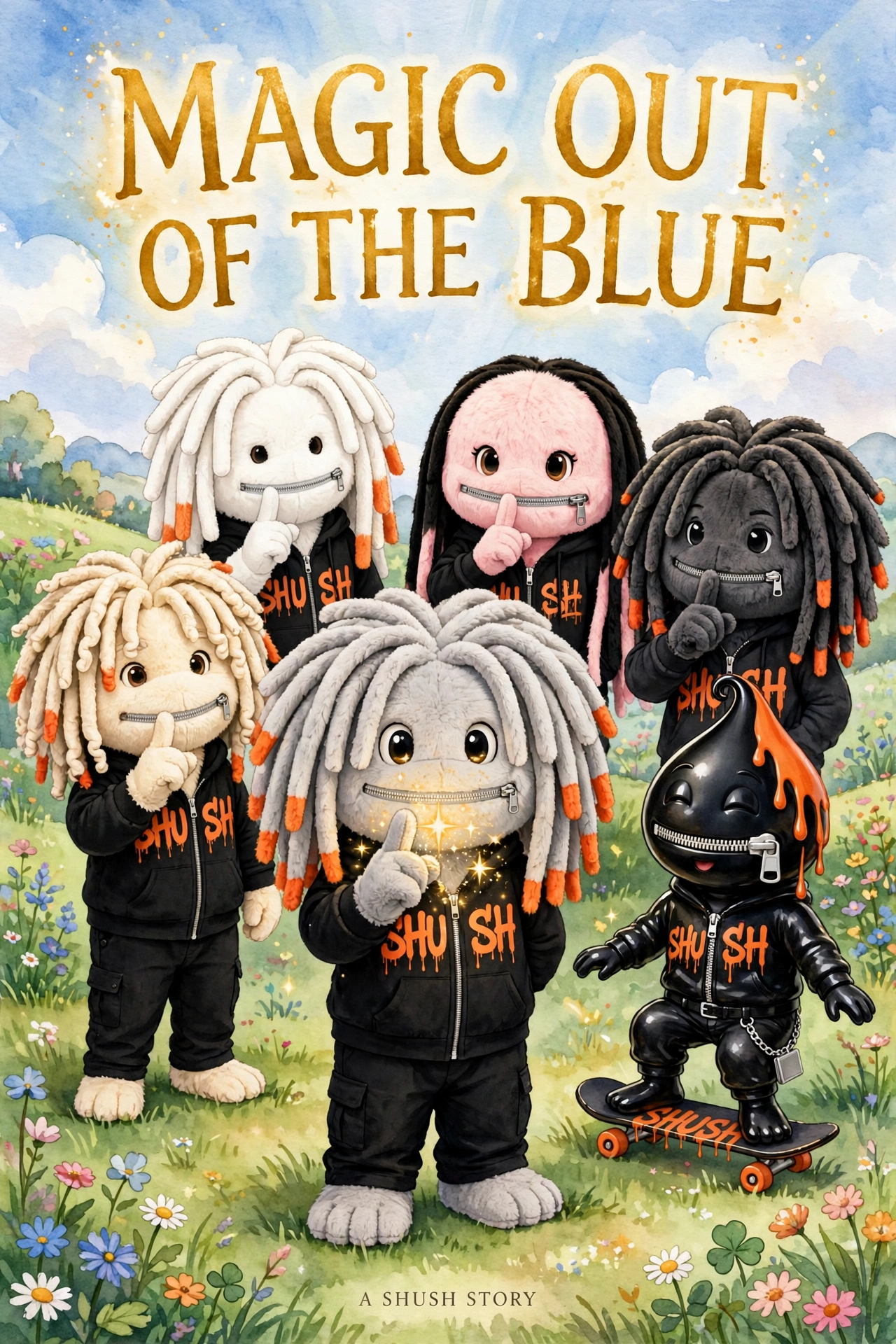 Magic Out of the Blue — the SHUSH storybook cover: all six friends together on the hill, Little Gray in front with the first gold spark
