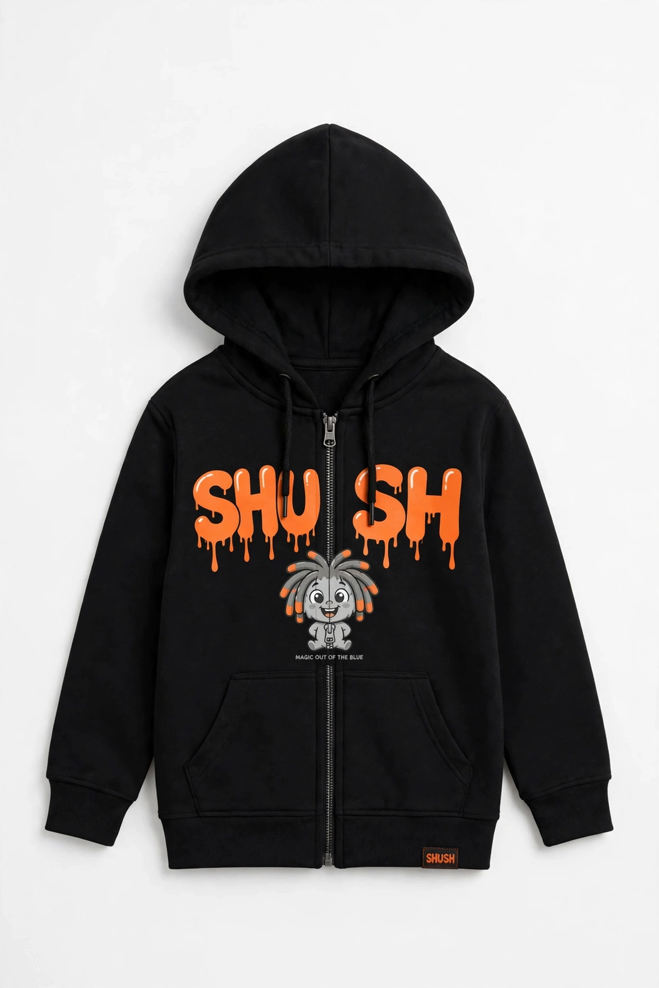 SHUSH kids zip hoodie in Black — the zipper completes the word across the chest, a tiny SHUSH label at the hem